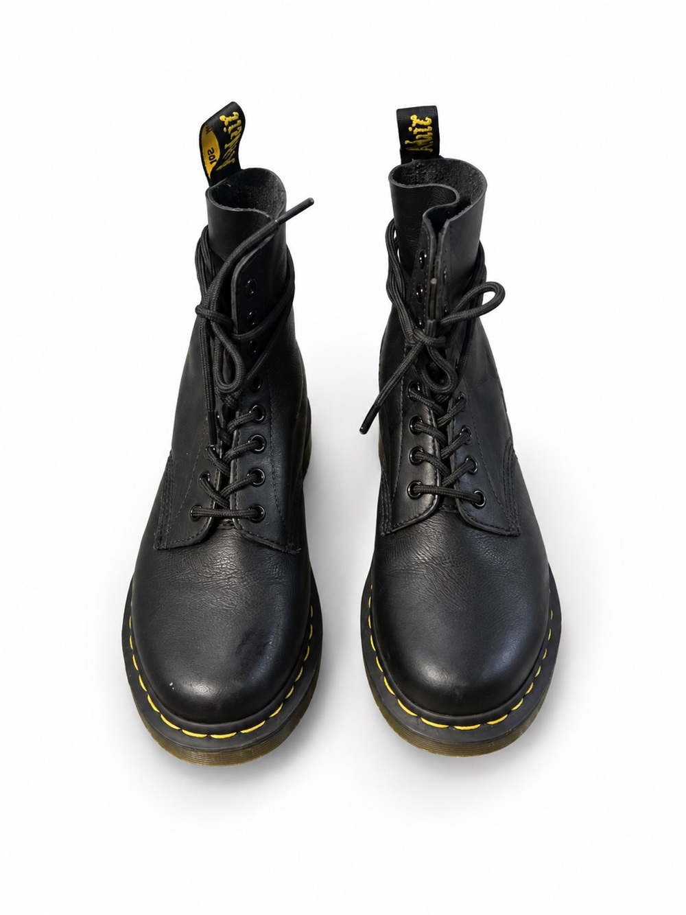 Dr. Martens Black Leather 8-Eye Lace-Up Combat Boots with Yellow Stitching